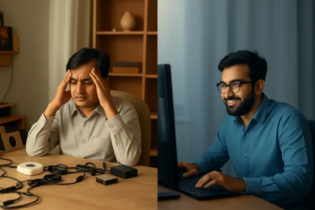 Man stressed with tech on left, smiling at computer on right.