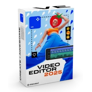 Movavi Video Editor 2025 packaging with colorful design.