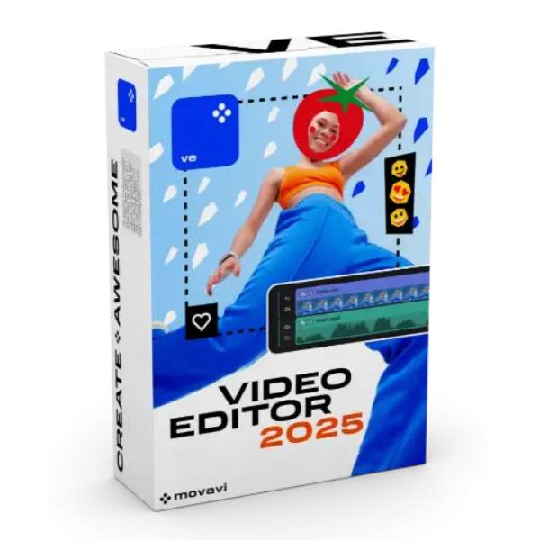 Movavi Video Editor 2025 packaging with colorful design.