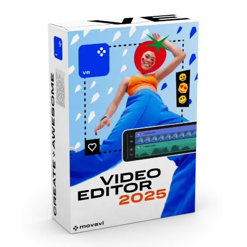Movavi Video Editor 2025 packaging with colorful design.