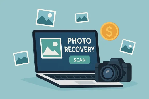 Laptop displaying photo recovery software and camera