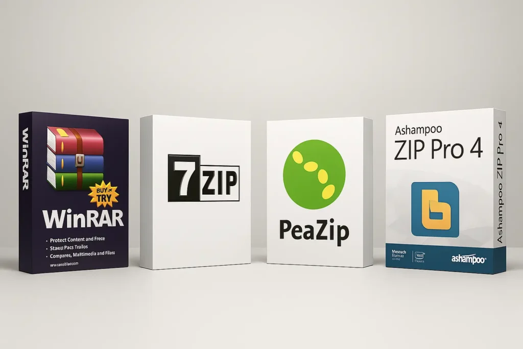 Various software packaging for file compression tools.