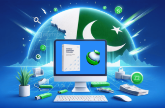 Computer setup with Internet technology elements and Pakistan map.
