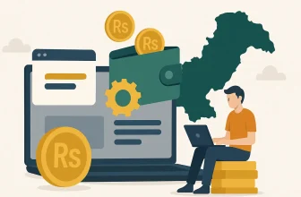 Person using laptop with digital payment features