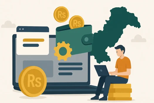 Person using laptop with digital payment features