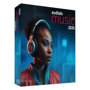 Audials Music 2025 software box with a woman wearing headphones.