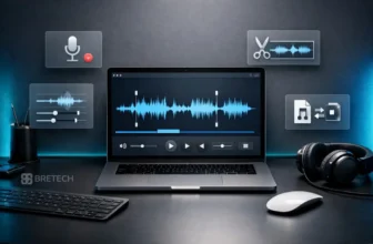 Audio editing setup with laptop and headphones