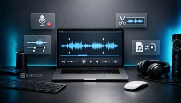 Audio editing setup with laptop and headphones