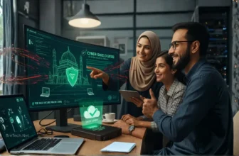 Team collaborating on cybersecurity software in office.