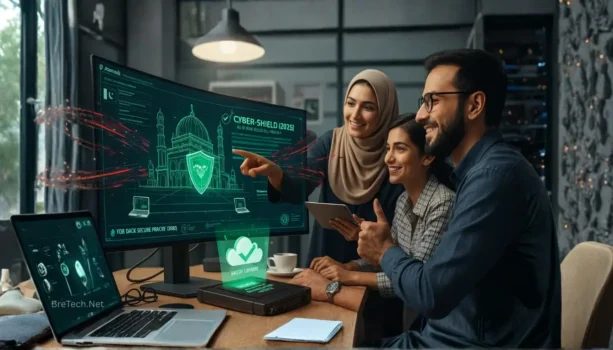 Team collaborating on cybersecurity software in office.