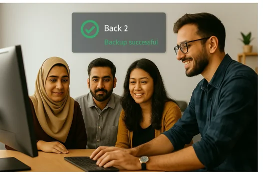 Group celebrating successful data backup on computer.