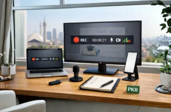 Modern workspace with recording equipment and skyline view.