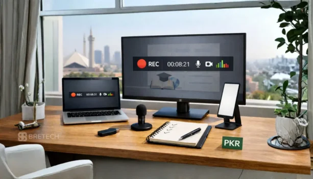 Modern workspace with recording equipment and skyline view.