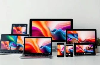 Various devices displaying vibrant abstract graphics