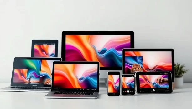 Various devices displaying vibrant abstract graphics