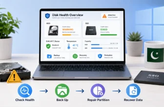 Laptop displaying disk health monitoring dashboard