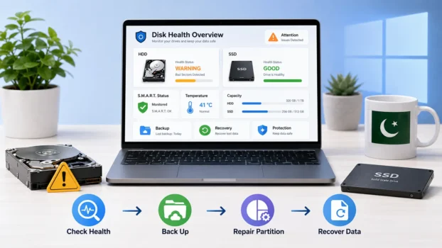 Laptop displaying disk health monitoring dashboard