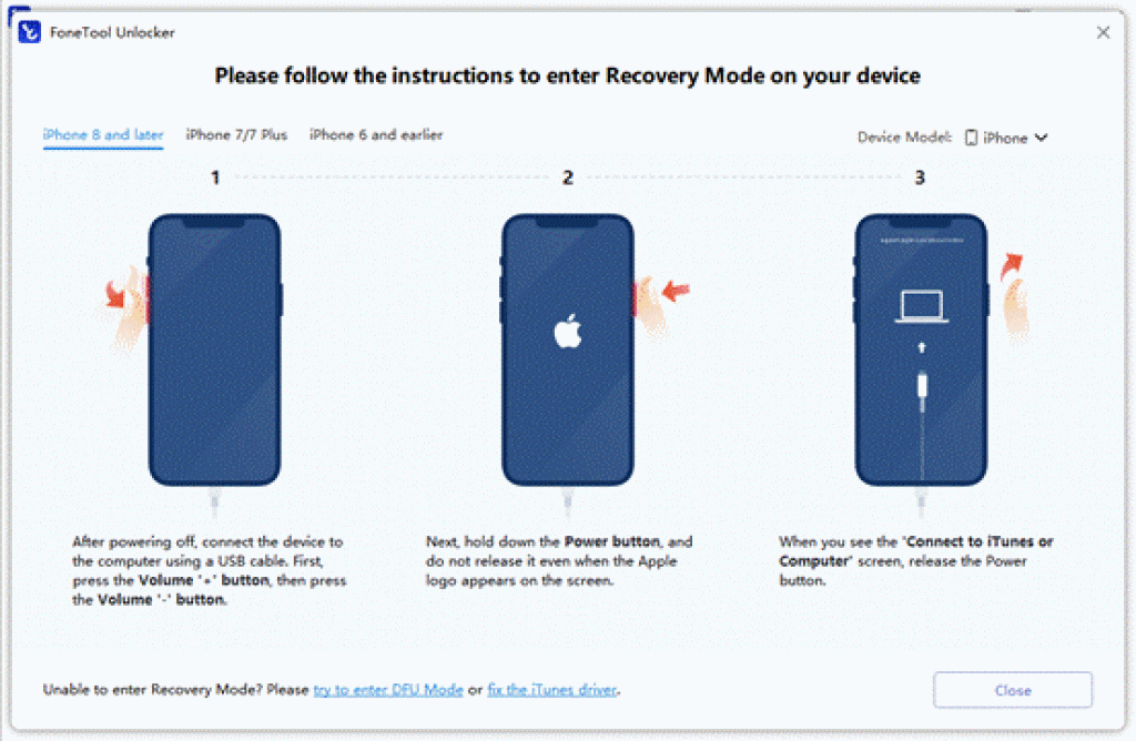Instructions for entering Recovery Mode on iPhone