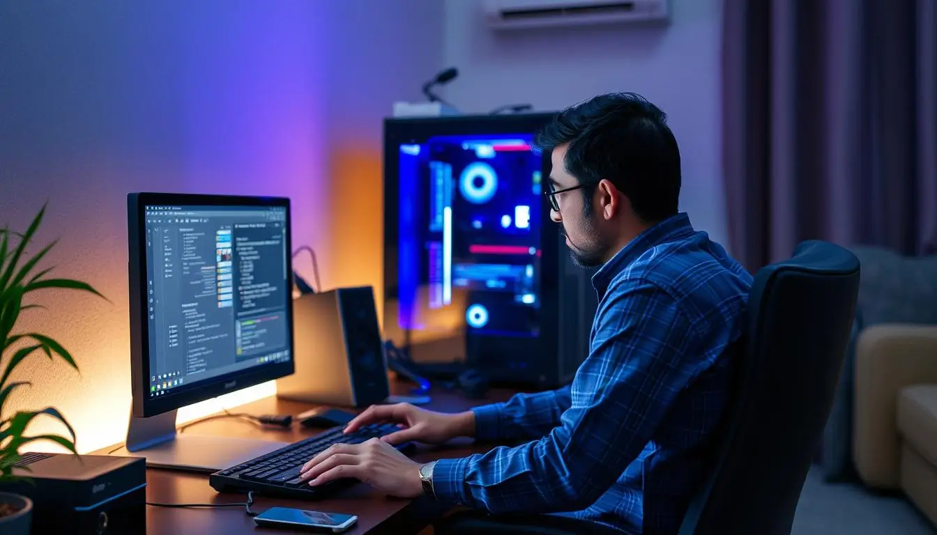 Person coding at a desk with computer setup.