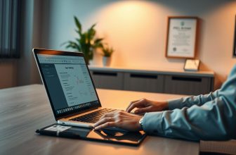 Person typing on laptop in modern office.