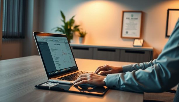 Person typing on laptop in modern office.