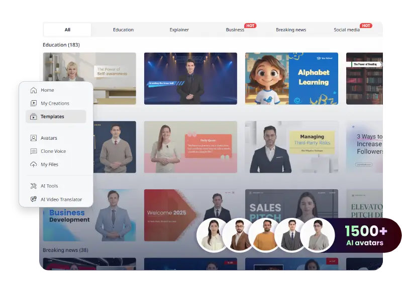 Dashboard displaying educational templates and AI avatars.