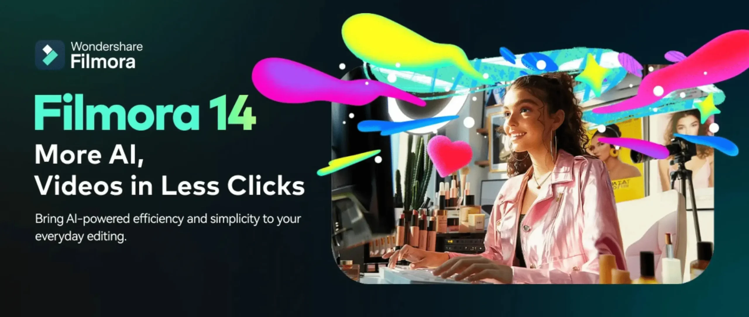 Woman editing videos with Filmora 14 software.