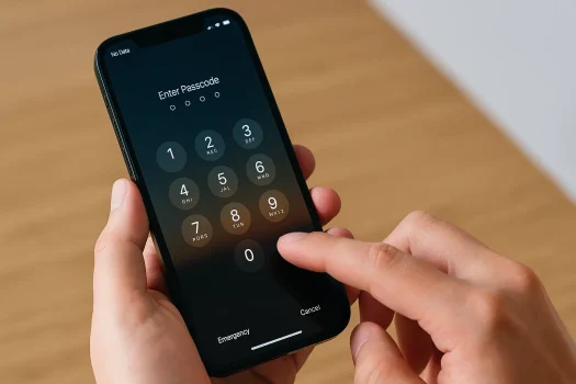Person entering passcode on smartphone screen.