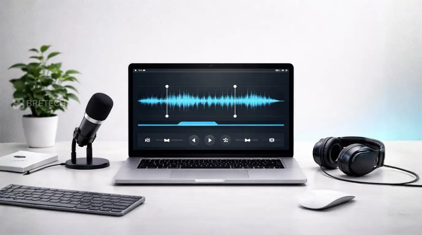 Laptop with audio editing setup and accessories