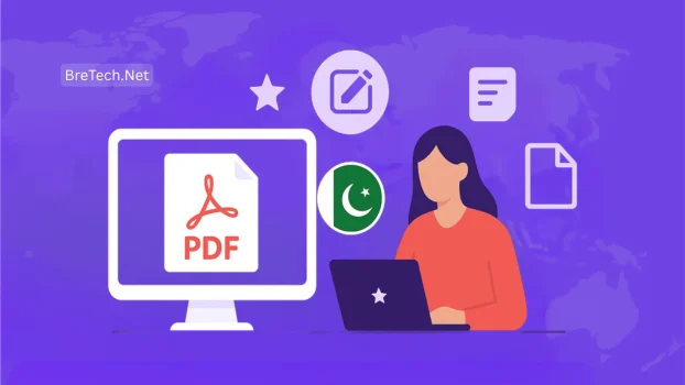 Person working on PDF documents with icons.