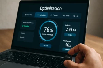 Laptop screen displaying optimization statistics and settings