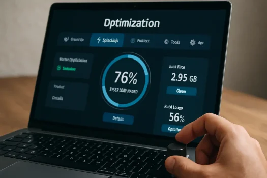 Laptop screen displaying optimization statistics and settings