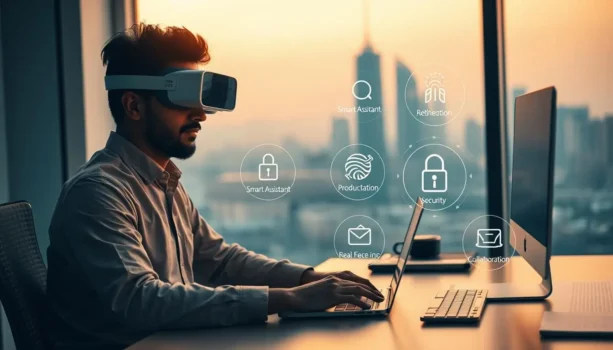 Person using VR headset at a workspace.