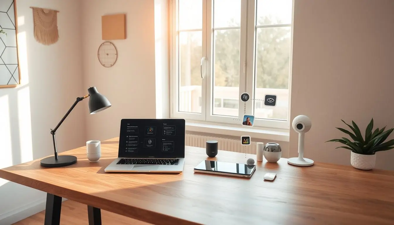 Modern workspace with laptop and decor.