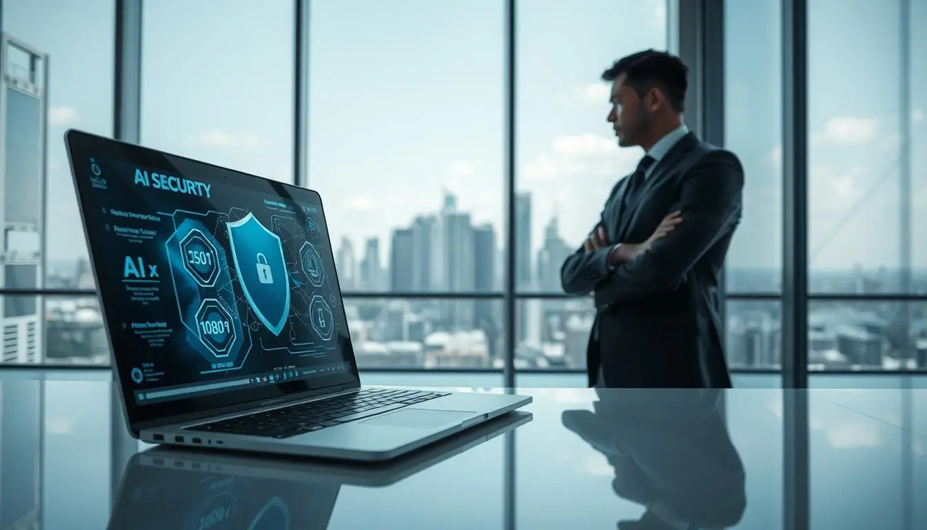 Business professional analyzing AI security dashboard.