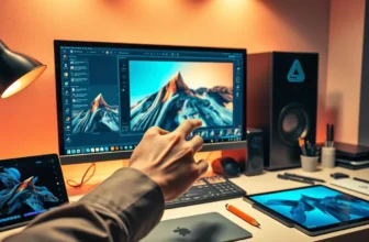 A desk setup with multiple screens and devices.