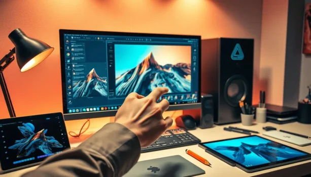 A desk setup with multiple screens and devices.