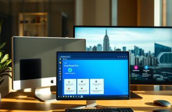 Desktop setup with computers and New York skyline.