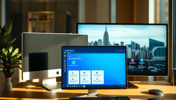Desktop setup with computers and New York skyline.
