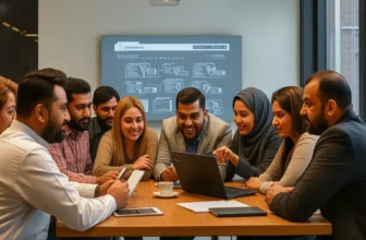 Diverse team collaborating around a table with laptops.