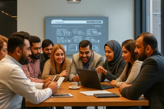 Diverse team collaborating around a table with laptops.