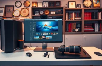 Home office setup with computer and camera equipment.