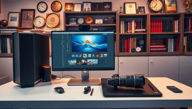 Home office setup with computer and camera equipment.