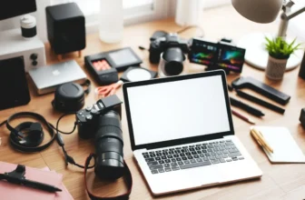 Workspace with laptop, cameras, and accessories.