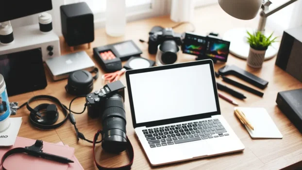 Workspace with laptop, cameras, and accessories.