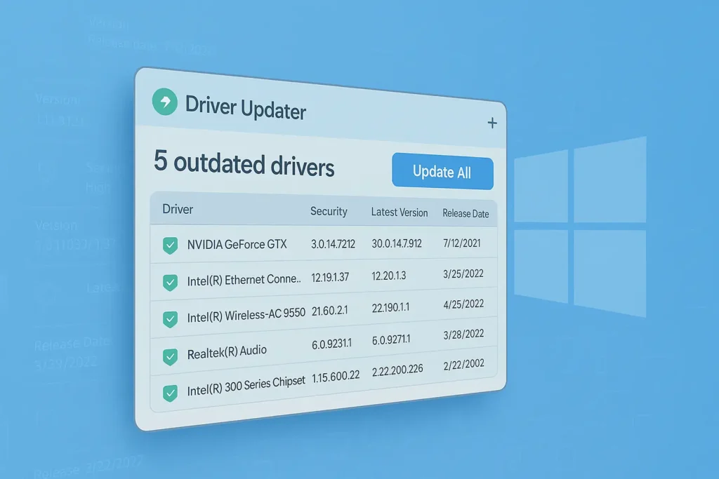 Interface showing five outdated drivers and updates