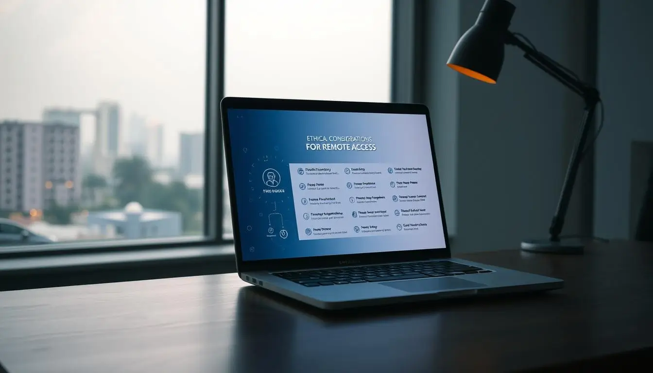 Laptop displaying remote access ethical guidelines.