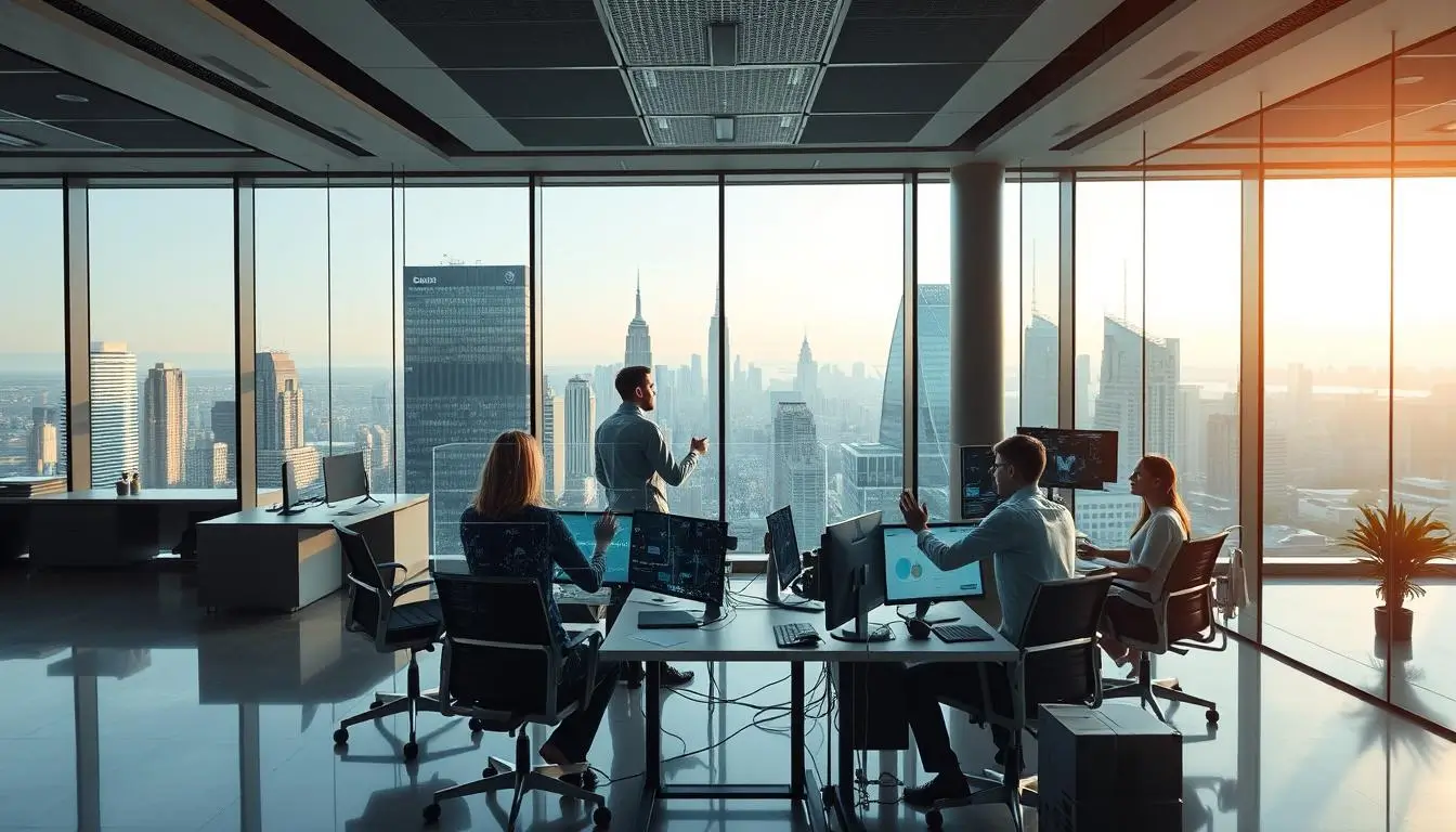 Business meeting with skyline view in modern office.