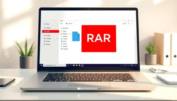 Laptop displaying RAR file icon on screen