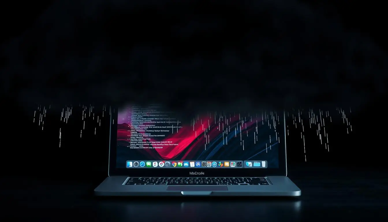 Laptop displaying code with abstract background.